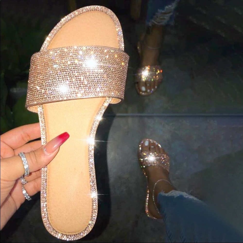 Gold glitter sparkly crystal slides flats sandals